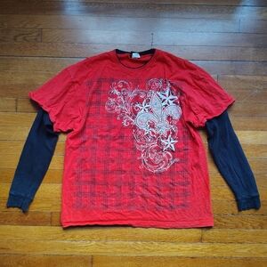 Y2K Layered Shirt All Over Print Punk Emo Grunge Style Men's XL Red Black Tee